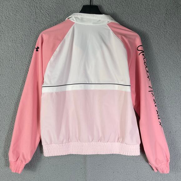Under Armour Pink White Windbreaker XS Loose Fit Jacket Zip Front Logo Sleeve - Picture 4 of 13